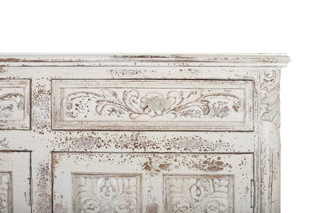 Giner and Colomer - Crackled White Mango Wood Sideboard With 3 Hand-Carved Doors