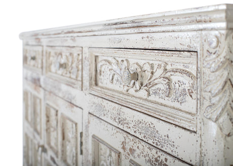 Giner and Colomer - Crackled White Mango Wood Sideboard With 3 Hand-Carved Doors