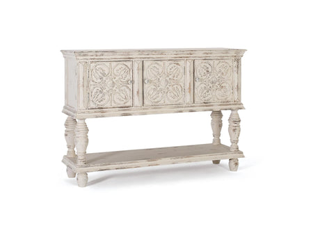 Giner and Colomer - Mango Wood Console With 3 Hand-Carved Doors & Turned Legs