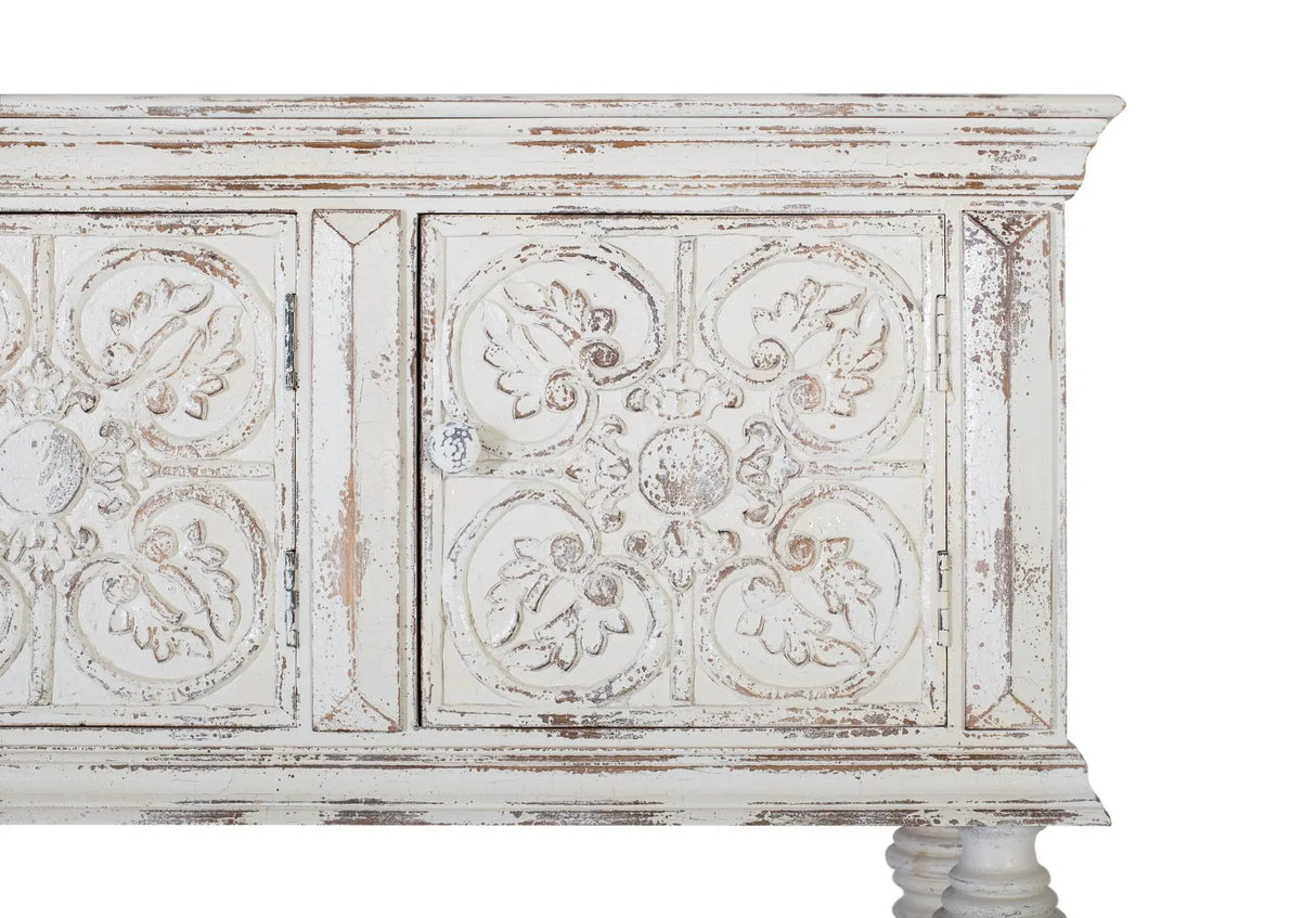Giner and Colomer - Mango Wood Console With 3 Hand-Carved Doors & Turned Legs