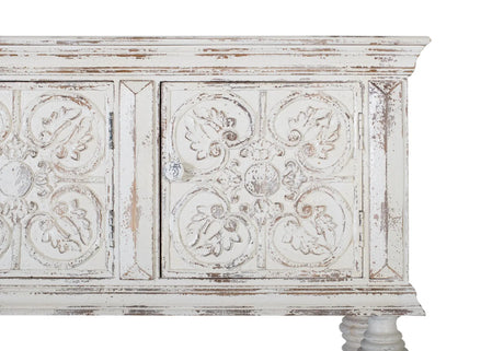 Giner and Colomer - Mango Wood Console With 3 Hand-Carved Doors & Turned Legs