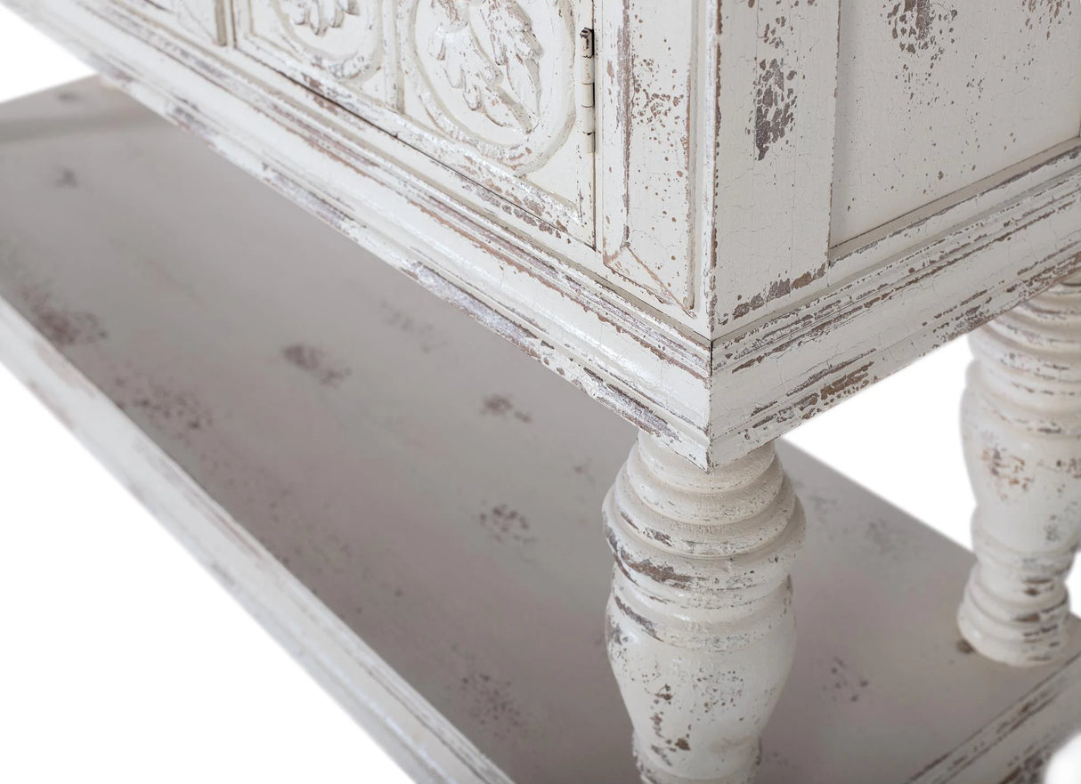 Giner and Colomer - Mango Wood Console With 3 Hand-Carved Doors & Turned Legs