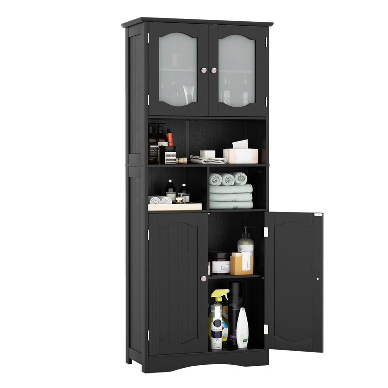 58.5 Inch Freestanding Linen Bathroom Storage Cabinet with Frost Glass Doors-Black