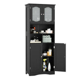 58.5 Inch Freestanding Linen Bathroom Storage Cabinet with Frost Glass Doors-Black