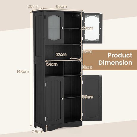 58.5 Inch Freestanding Linen Bathroom Storage Cabinet with Frost Glass Doors-Black
