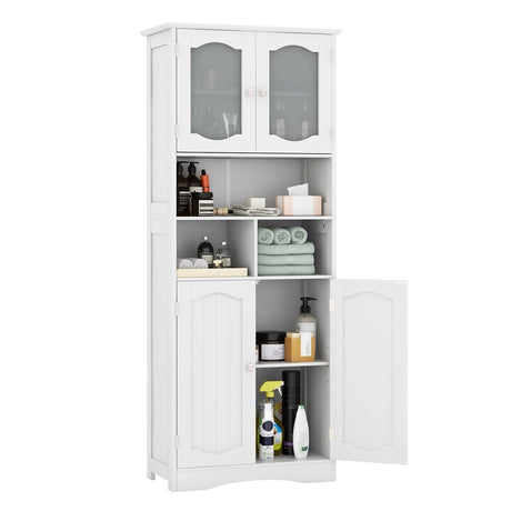 58.5 Inch Freestanding Linen Bathroom Storage Cabinet with Frost Glass Doors-White