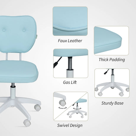 Vinsetto Vanity Office Chair, PU Leather Computer Chair for Home, with Adjustable Height, Armless, Swivel Wheels, Blue