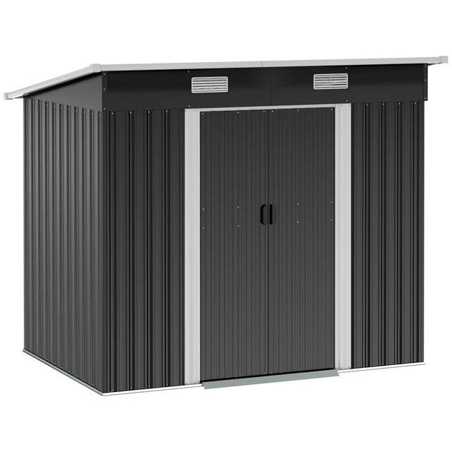 Outsunny 7 x 4ft Outdoor Storage Shed with Foundation Kit, Lean to Metal Garden Shed for Log, Rubbish Bin, Tool, Lawnmower, Bike, Patio and Lawn Use, Black