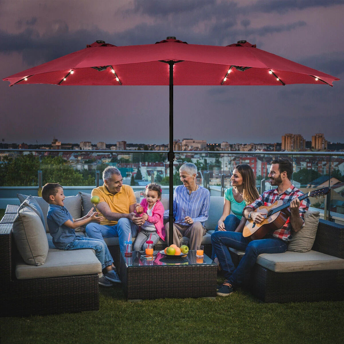 15 Ft Solar LED Patio Double-sided Umbrella Market Umbrella with Weight Base-Red