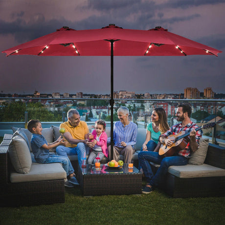 15 Ft Solar LED Patio Double-sided Umbrella Market Umbrella with Weight Base-Red