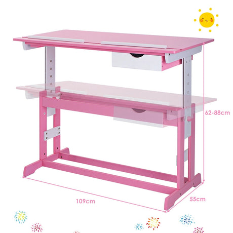 Children's Height Adjustable Tilting Drawing Table with Storage-Pink