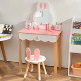 Kids Vanity Table and Chair Pretend Play with Mirror and Drawers-Pink