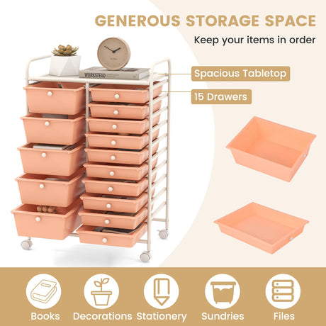 15-Drawer Utility Rolling Organizer Cart Multi-Use Storage-Peach