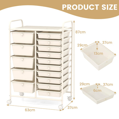 15-Drawer Utility Rolling Organizer Cart Multi-Use Storage-White