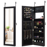 Lockable Wall Door Mounted Mirror Jewelry Cabinet with LED Lights-Black