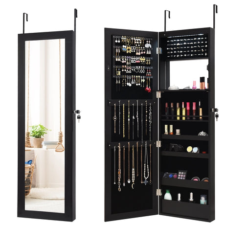 Lockable Wall Door Mounted Mirror Jewelry Cabinet with LED Lights-Black