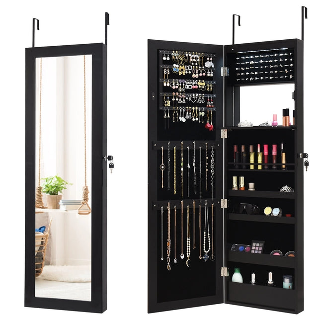 Lockable Wall Door Mounted Mirror Jewelry Cabinet with LED Lights-Black