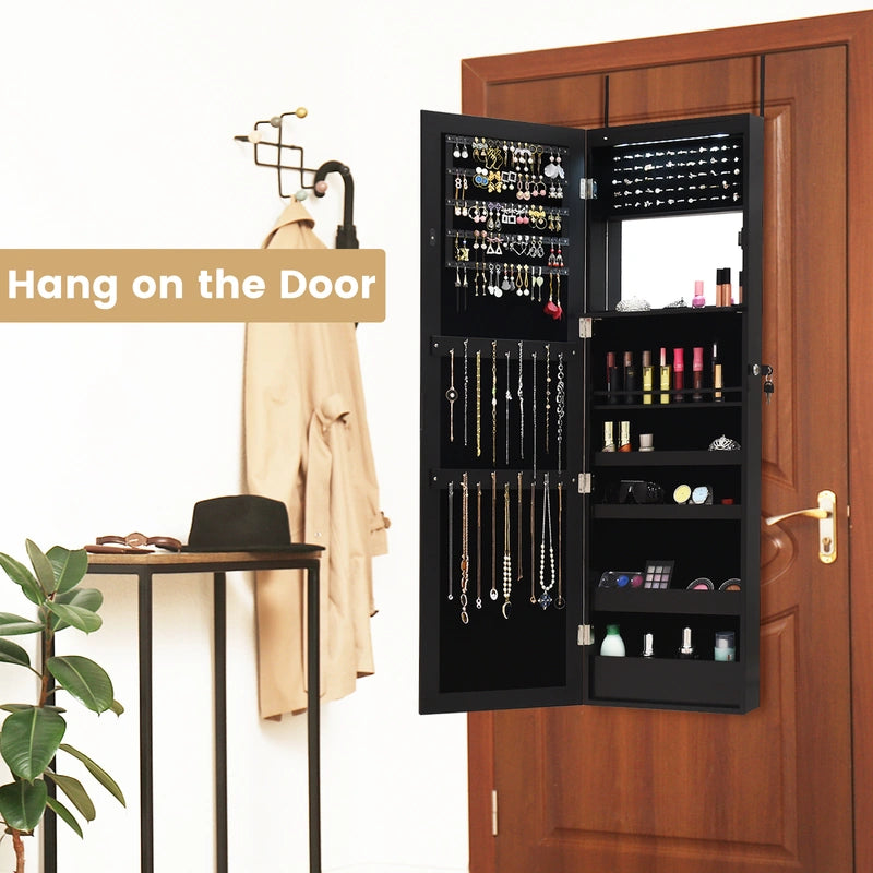 Lockable Wall Door Mounted Mirror Jewelry Cabinet with LED Lights-Black