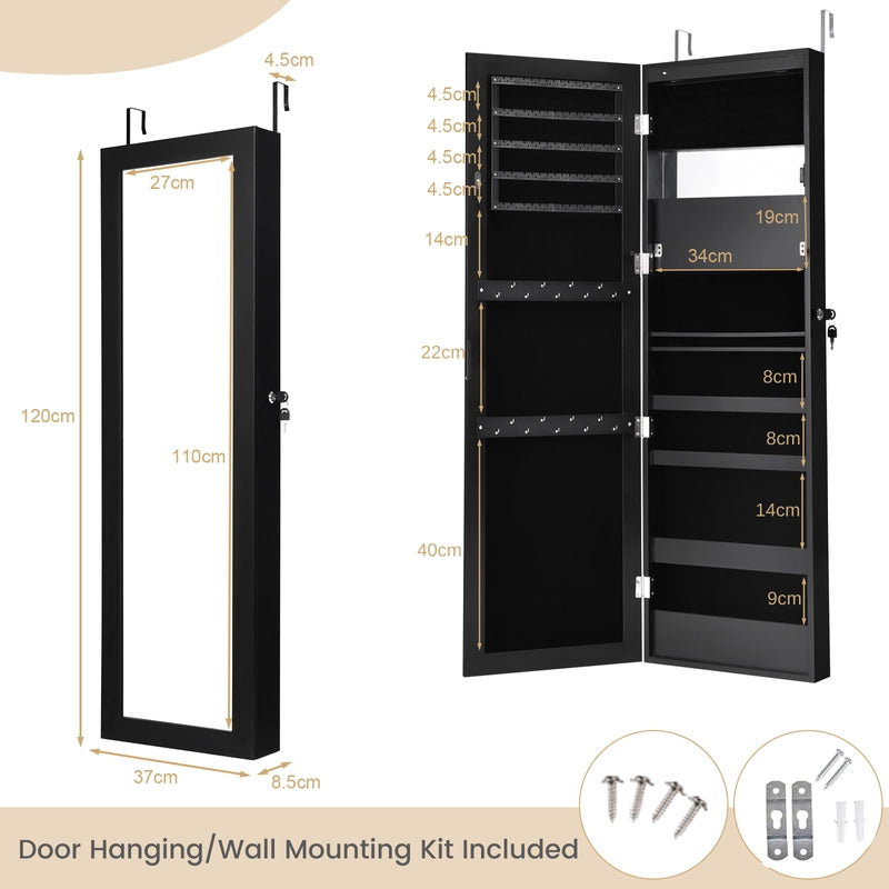 Lockable Wall Door Mounted Mirror Jewelry Cabinet with LED Lights-Black
