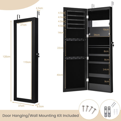 Lockable Wall Door Mounted Mirror Jewelry Cabinet with LED Lights-Black
