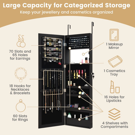 Lockable Wall Door Mounted Mirror Jewelry Cabinet with LED Lights-Black