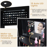 Lockable Wall Door Mounted Mirror Jewelry Cabinet with LED Lights-Black