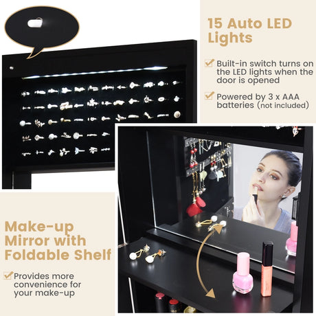 Lockable Wall Door Mounted Mirror Jewelry Cabinet with LED Lights-Black