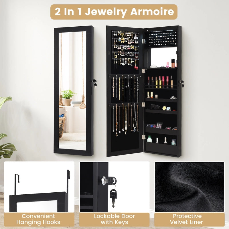 Lockable Wall Door Mounted Mirror Jewelry Cabinet with LED Lights-Black