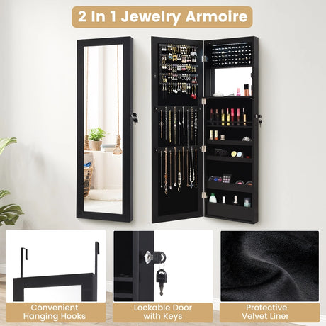 Lockable Wall Door Mounted Mirror Jewelry Cabinet with LED Lights-Black