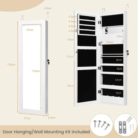 120cm Full Length Lockable Mirror Jewelry Cabinet with 15 LEDs-White