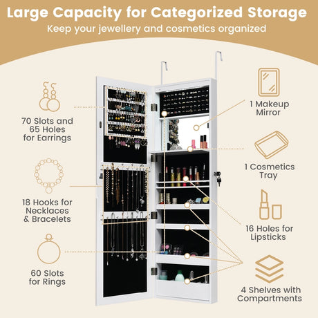 120cm Full Length Lockable Mirror Jewelry Cabinet with 15 LEDs-White