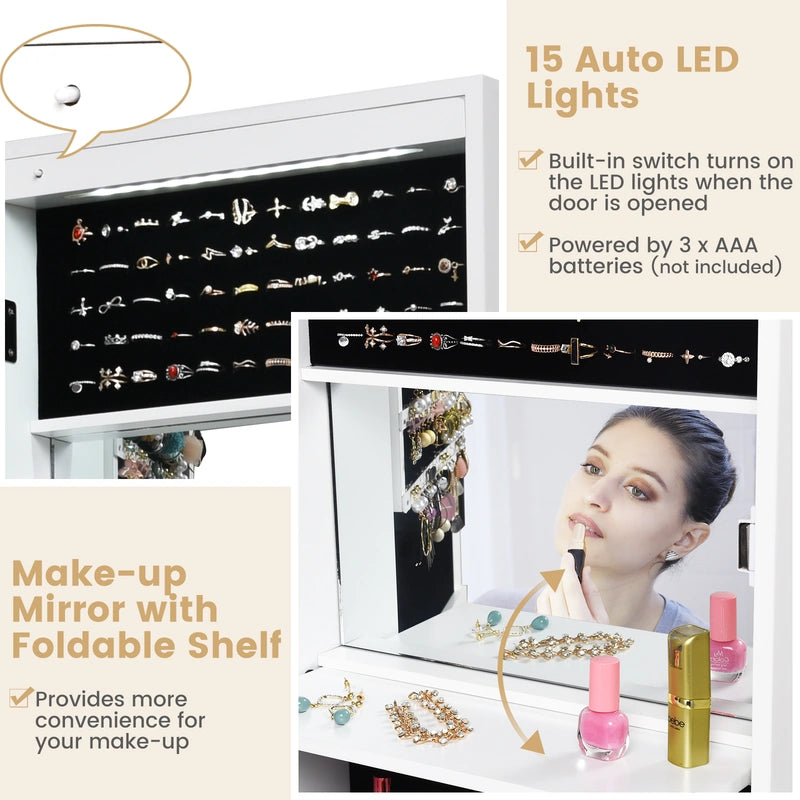 120cm Full Length Lockable Mirror Jewelry Cabinet with 15 LEDs-White