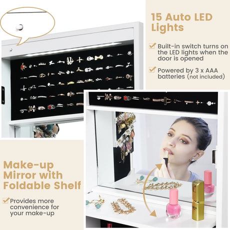 120cm Full Length Lockable Mirror Jewelry Cabinet with 15 LEDs-White
