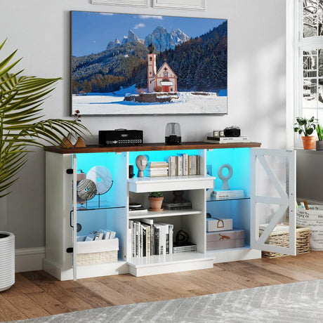 59 Inches Media Console Table with 3-Level Shelves and 22 Dynamic Modes-White