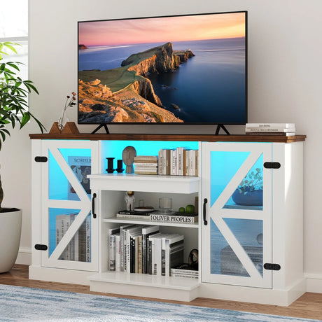 59 Inches Media Console Table with 3-Level Shelves and 22 Dynamic Modes-White