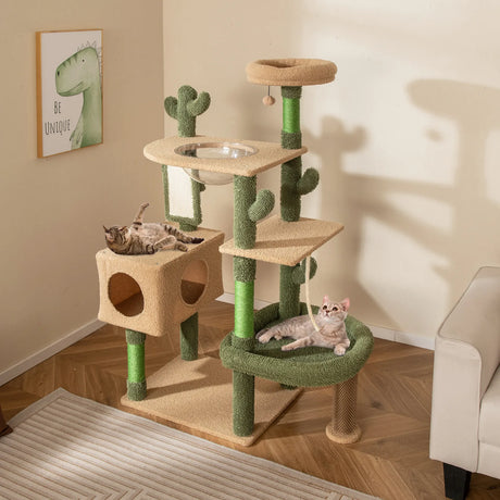 150cm Cactus Cat Tree for Indoor Cats with Sisal Scratching Posts and Board-Green