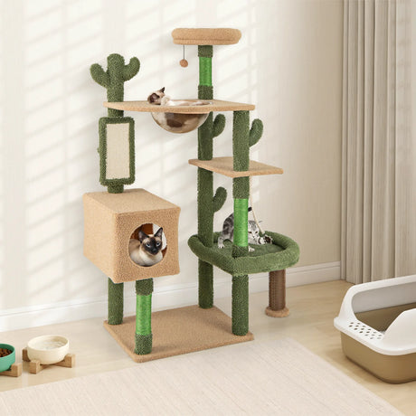 150cm Cactus Cat Tree for Indoor Cats with Sisal Scratching Posts and Board-Green