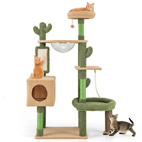 150cm Cactus Cat Tree for Indoor Cats with Sisal Scratching Posts and Board-Green