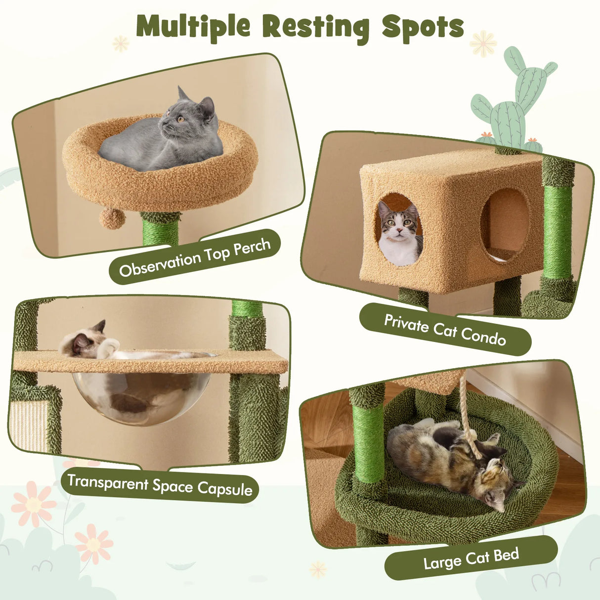 150cm Cactus Cat Tree for Indoor Cats with Sisal Scratching Posts and Board-Green