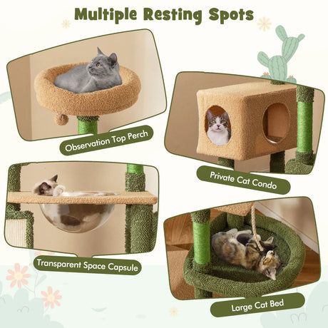 150cm Cactus Cat Tree for Indoor Cats with Sisal Scratching Posts and Board-Green