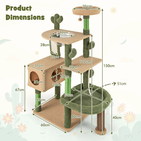 150cm Cactus Cat Tree for Indoor Cats with Sisal Scratching Posts and Board-Green