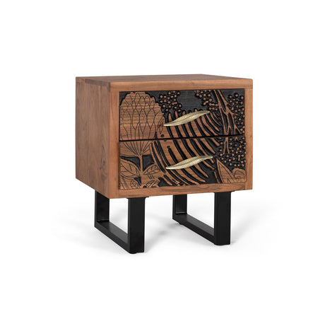 Giner and Colomer - 2-Drawer Acacia Wood Bedside Table With Metal Legs