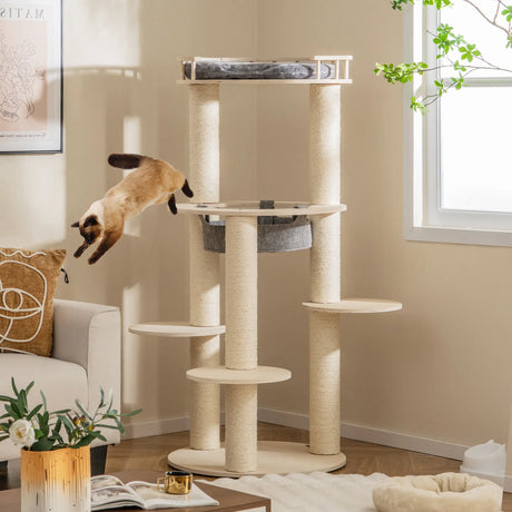 5-level Wooden Cat Tree Modern Cat Tower with Padded Perch-Grey