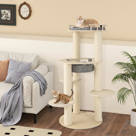 5-level Wooden Cat Tree Modern Cat Tower with Padded Perch-Grey