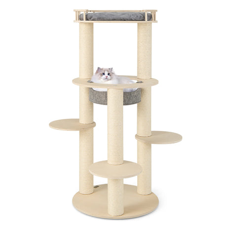 5-level Wooden Cat Tree Modern Cat Tower with Padded Perch-Grey