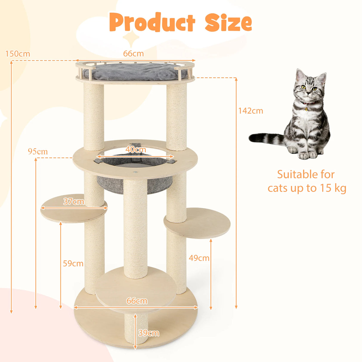 5-level Wooden Cat Tree Modern Cat Tower with Padded Perch-Grey