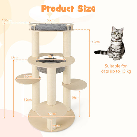 5-level Wooden Cat Tree Modern Cat Tower with Padded Perch-Grey
