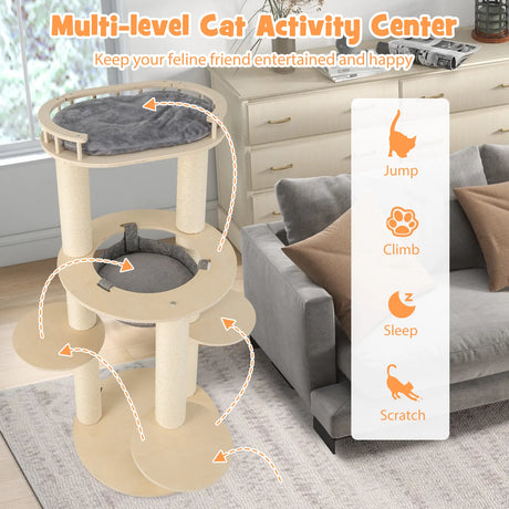 5-level Wooden Cat Tree Modern Cat Tower with Padded Perch-Grey
