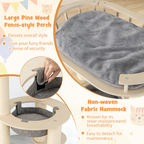 5-level Wooden Cat Tree Modern Cat Tower with Padded Perch-Grey