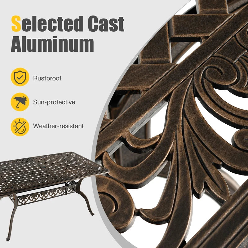 59 Inch Aluminum Patio Dining Table with Umbrella Hole fot 6 Persons-Bronze